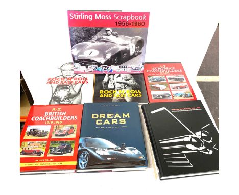 Selection hard back automobile / car books includes Rock and roll and fast cars, Stirling moss scrap book 1956-1960, Dream ca