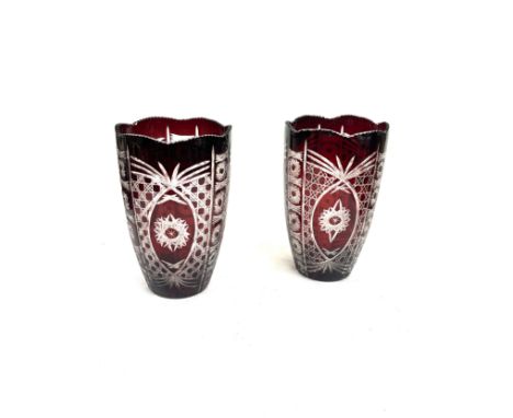 A pair of Bohemian Ruby crystal cut vases, each measures approx 7inches tall.