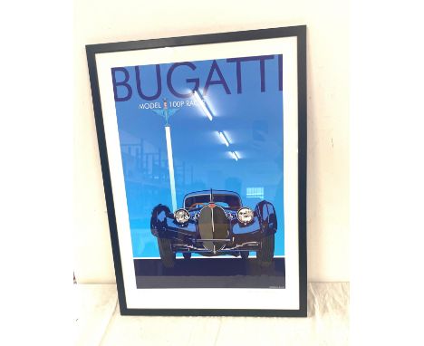 Signed framed print of a Bugatti model 100p racer by Sheridon Davies measures approx 29 inches tall by 21 inches wide