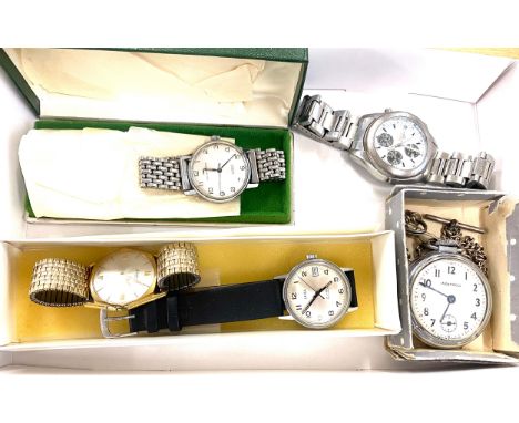 Selection of gents wrist wathes includes jaquet toroz watch, ascot wrist watch, Liga, ingersol pocket watch etc 