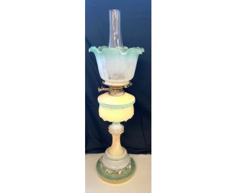 Antique Royal Worcester oil lamp with funnel and shade, approximate overall height 27 inches including funnel, Burner diamete