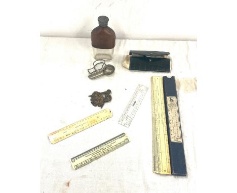 Selection of collectable items includes Vintage rulers, cheltenham lodge no 3210 medal, hip flask etc