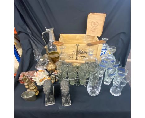 Large selection of miscellaneous items includes advertising glassware, wooden items, snuff box etc 