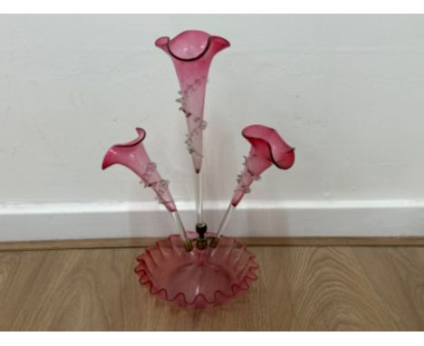 Victorian Cranberry glass epergne, complete with base &amp; three trumpets. Height 43cm 