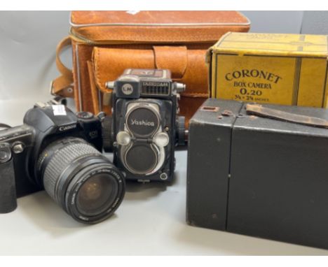 Canon EOS 500 camera, Yashica 44 and coronet box camera 