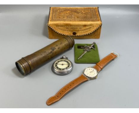 Vintage telescope, swatch watch and pocket watch 