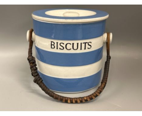 Vintage Cornish Ware, blue &amp; white biscuit barrel with lid, height 13cm 