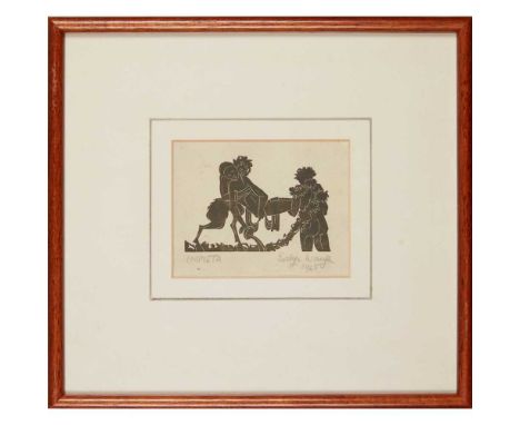 § Waugh, Evelyn (1903-1966) 'Impieta', 1925 woodcut, showing a bacchante carried by Bacchus and a faun, signed and dated by W