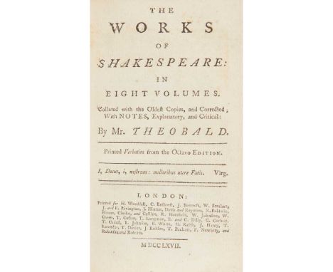 Shakespeare, William The Works London: H. Woodfall..., 1767. 8 volumes, 12mo, portrait, 35 plates, cotemporary calf, joints w