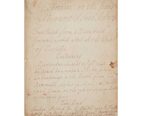 [Jacobite Interest] Ascanius, or the young adventurer Manuscript copy after the edition: London: Printed for G. Smith, [n.d.]