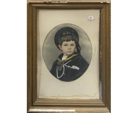 A large gilt framed 19th century watercolour portrait of a boy in a sailor's uniform, frame size 70 x 92cm.