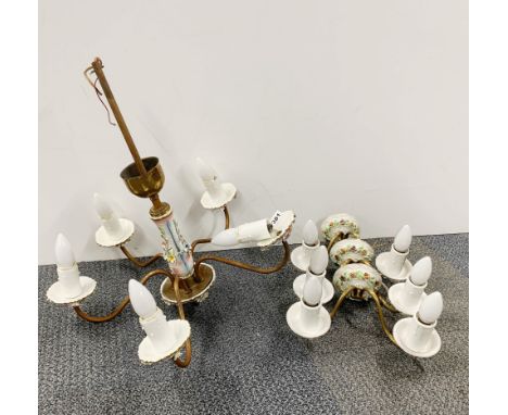 A gilt brass and porcelain chandelier light fitting, with two wall lights.