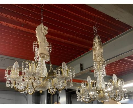 A pair of brass and cut glass chandelier light fittings, Dia. 45cm, H. 55cm.