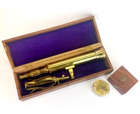 A cased brass telescope and nautical compass. Telescope box L. 47cm.
