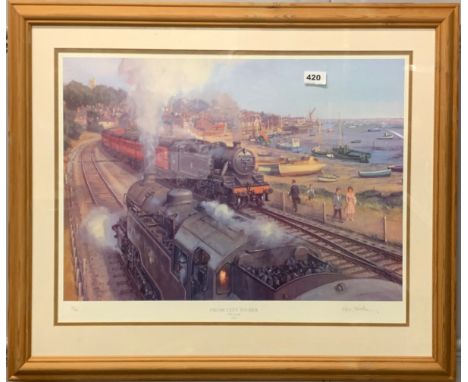 Robin Pinnock: A pine framed limited edition 100/750 pencil signed lithograph from City to Sea, Old Leigh, 1959, frame size 7