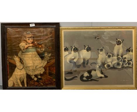 A Victorian framed print, frame size 48 x 59cm, with a lithograph of Siamese cats.