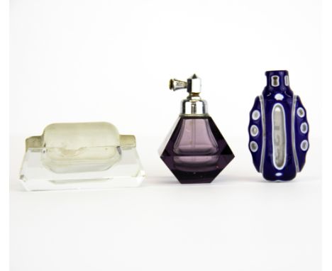 A lovely 19th century Nailsea cameo cut glass perfume bottle, H. 6.5cm, together with a 1930's perfume bottle and glass stamp