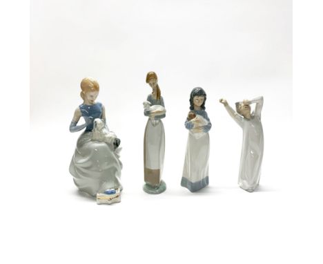 A Royal Dux porcelain figure of a girl with a dog, H. 26cm, together with two Lladro figures and one Nao.