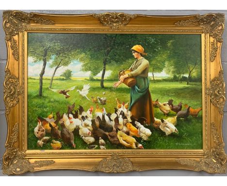 A large gilt framed oil on board signed Reg Lewis after T. M. Francoise, frame size 92 x 67cm.