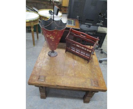 A mixed lot to include a rustic square topped table, magazine rack and a stick stand in the form of an umbrella 