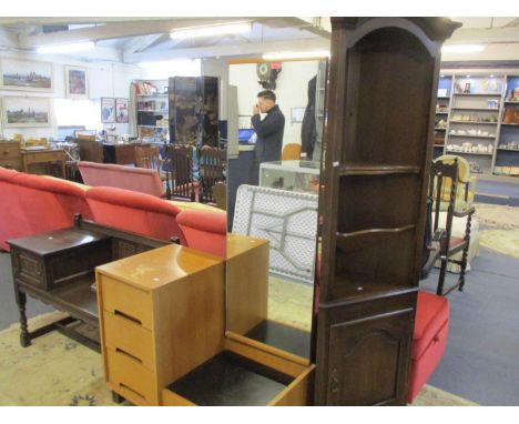 A C W Burns light oak bedroom dressing table, a reproduction refectory style oak telephone/hall table and matching corner cab