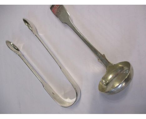 A Scottish silver sauce ladle and silver sugar tongs 