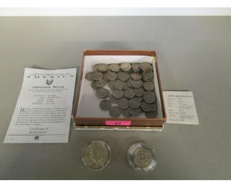 A collection of 80+ American Buffalo nickels 1924-1938, an Eisenhower Dollar 1972 coin and a £20 First Men on the Moon 25th A