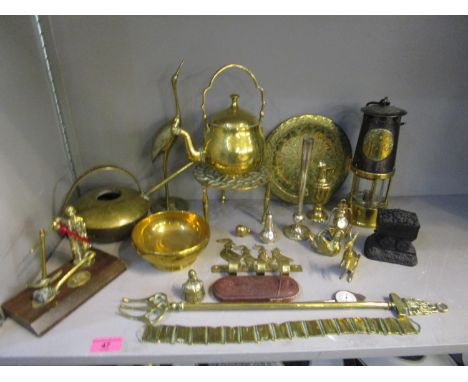 A selection of brassware to include an Eccles miner's lamp No.349, along with a silver pepper pot 
