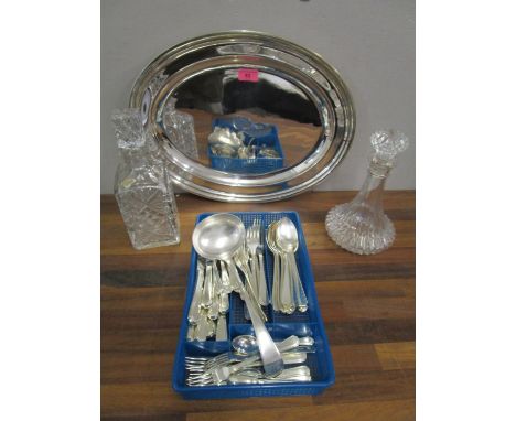 An early 20th century silver plated meat platter engraved with Hotel Victoria, Newmarket crest together with a set of silver 