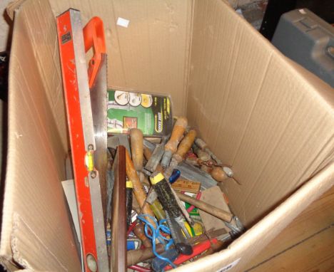 A box containing a quantity of assorted tools including saws, crowbar, screwdrivers, etc.
