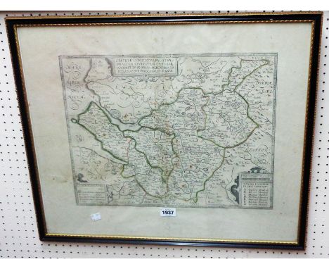 An antique Hogarth framed monochrome map print of Cheshire with latin text and hand coloured border lines - centre fold