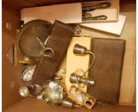 A box containing a quantity of silver plated and other items including stand, cutlery and a candlestick, etc.