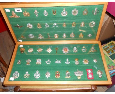 Two wooden display cases containing a quantity of cap badges including Women's Royal Army Corps, Army Catering Corps, Royal S