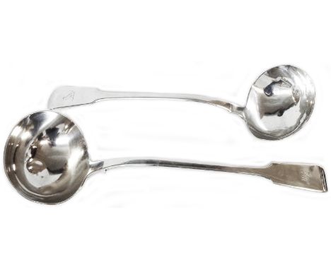 A large Victorian silver fiddle pattern soup ladle - London 1854 - sold with an older similar with dents to bowl - both with 