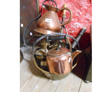 A quantity of metalware comprising brass preserve pan, copper measure, two brass garden sprays, vintage copper electric kettl