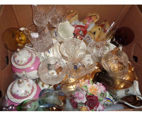 A box containing a large quantity of assorted ceramic and glass items including Royal Albert Lydia two handled soup bowls and