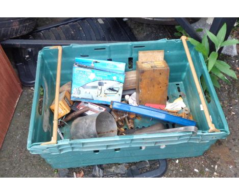 A crate containing a quantity of tools including jig, gauges, etc.