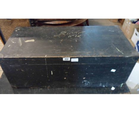 A 77cm old black stained oak lift-top trunk with tray fitted interior, flanking iron drop handles and lock stamped J. Parkes 