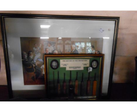 A framed cricketing print entitled 'Conversation Piece' by Andrew Festing - sold with a decorative History of The Cricket Bat