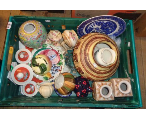 A crate containing a quantity of ceramic items including a pair of late Satsuma moriage vases, dressing table set, etc.