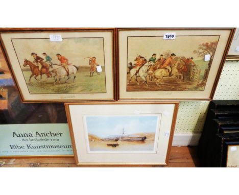 A pair of gilt framed coloured hunting prints - sold with a maritime print, depicting H.M.S. Britannia