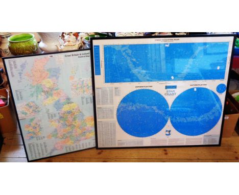 A framed large format coloured Great Britain &amp; Ireland Political Map - sold with a star chart