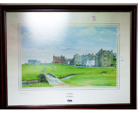 Bill Waugh: a framed large format signed limited edition coloured golfing print entitled 'The Old Bridge, St. Andrews'