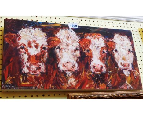 Lynne Wilkinson: a modern art print depicting  a group of four Hereford cattle
