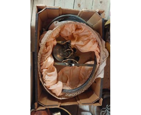 An Edwardian hanging ceiling lamp of weighted pulley form with pierced brass frame and fabric shade