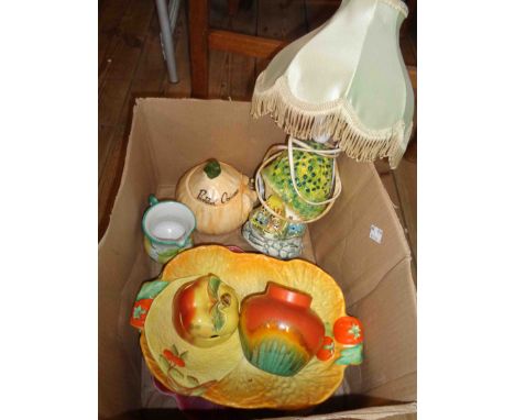 A box containing a quantity of assorted ceramic items including Fowler pottery lamp, Belgian art pottery vase, Beswick leaf d