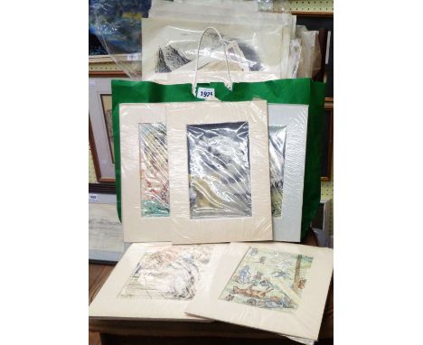 A large collection of unframed coloured and monochrome prints including numerous Louis Wain, titled local views and other ima