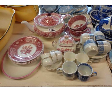A quantity of ceramic items including Spode red Camilla cups and saucers, Enoch Wood English scenery teapot, etc.