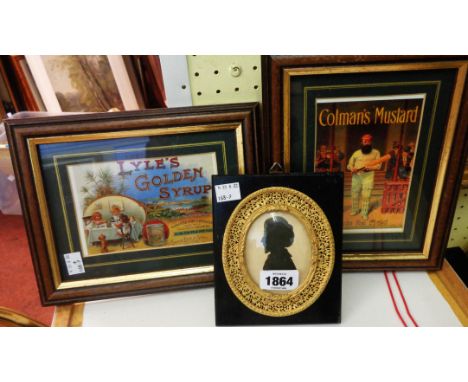 An ornate gilt framed silhouette profile portrait - signed - sold with a pair of framed reproduction small format advertising