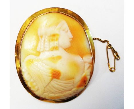 A 5.5cm oval cameo brooch with shell profile portrait within a marked 9c yellow metal frame with safety chain